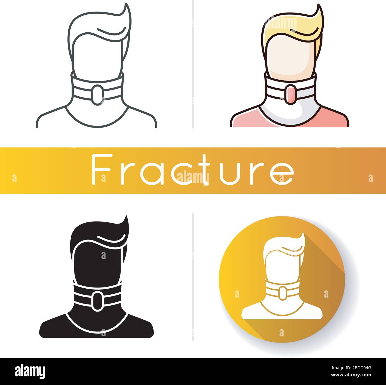 Cervical fracture icon. Broken neck. Human in neck brace, collar