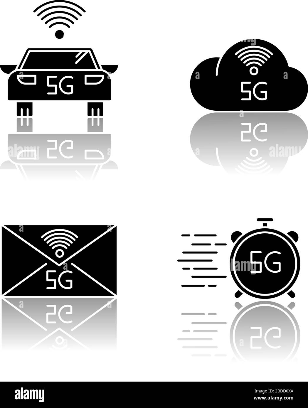 5G wireless technology drop shadow black glyph icons set. Smart vehicle ...