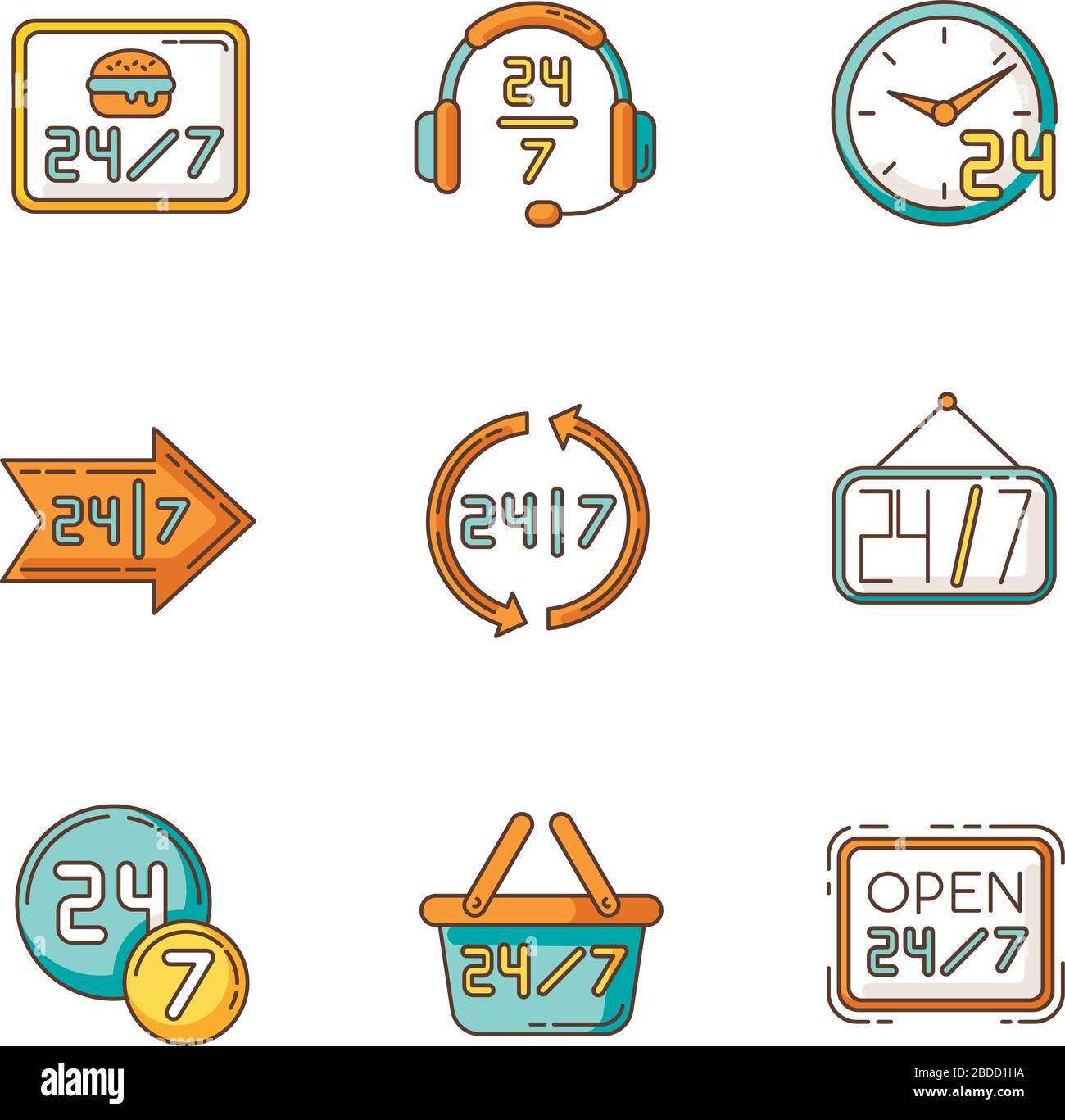 24 7 hour service RGB color icons set. Twenty four seven circle sign