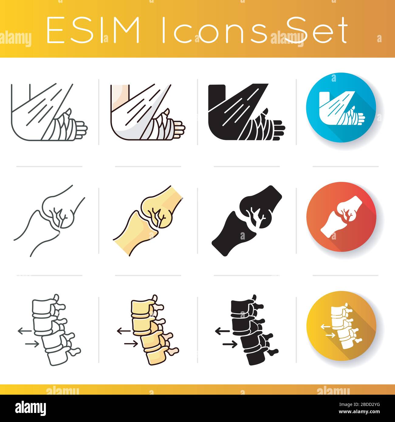 Body injuries icons set. Bone and joint fractures. Arm in bandage, plaster. Spine dislocation. Linear, black and RGB color styles. Linear black and Stock Vector