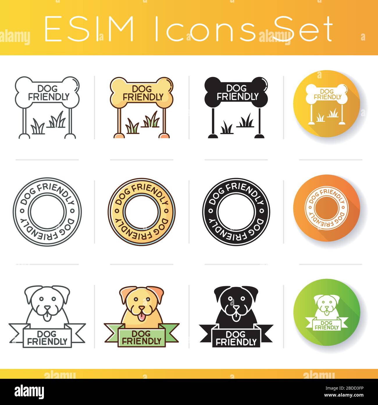 Cat and dog friendly areas emblems icons set. Four-legged friends allowed territories signs. Kitty and doggy welcome. Linear, black and RGB color Stock Vector