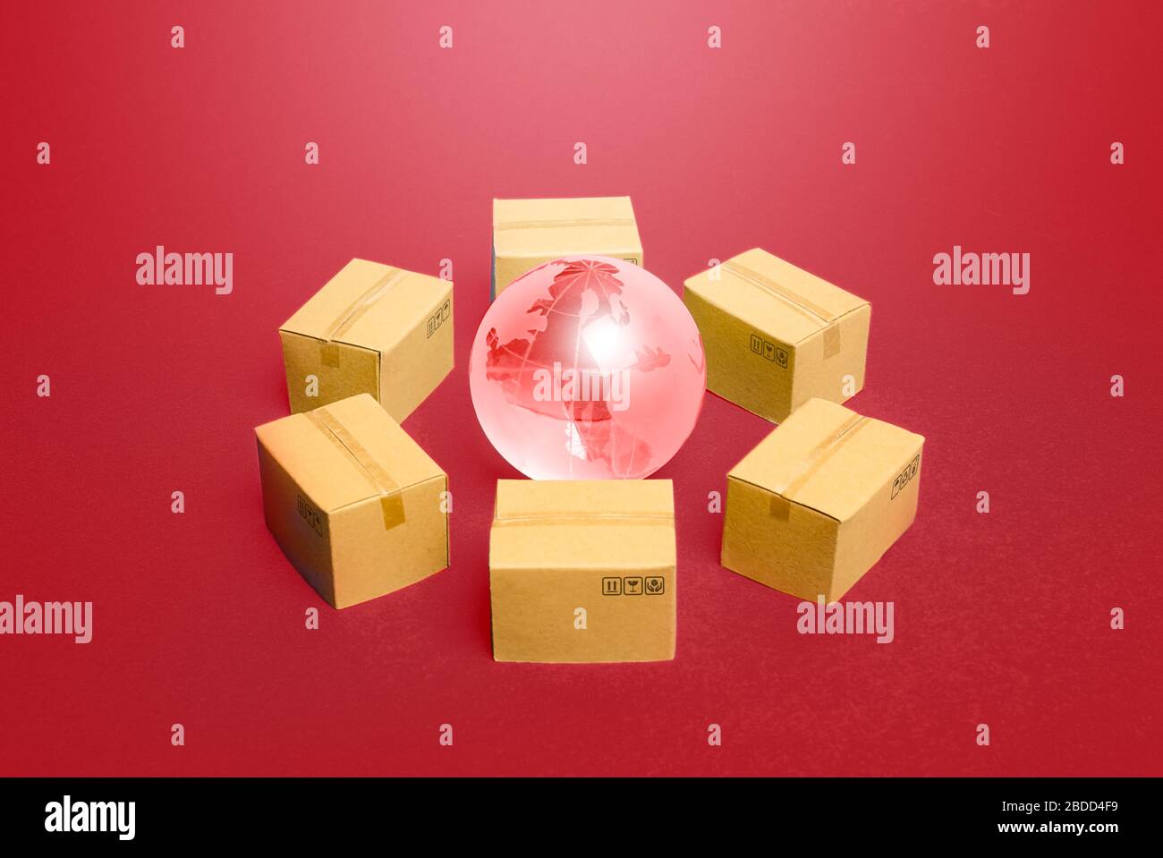 Earth globe surrounded by boxes. Global distribution business system