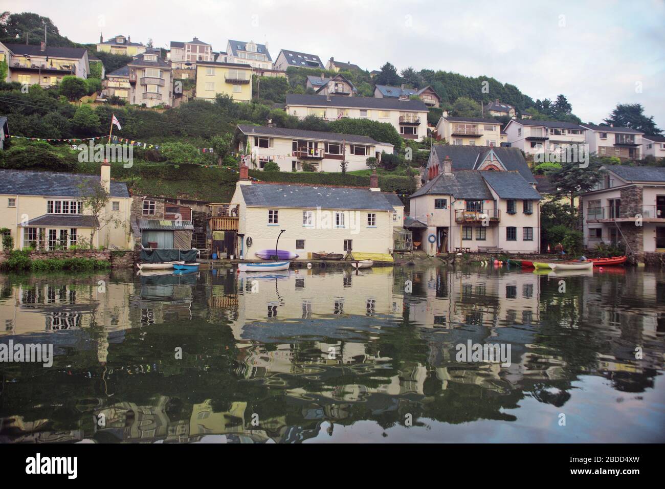 High Spring tide in Mayo Creek, Noss Mayo, Devon, England, UK Stock