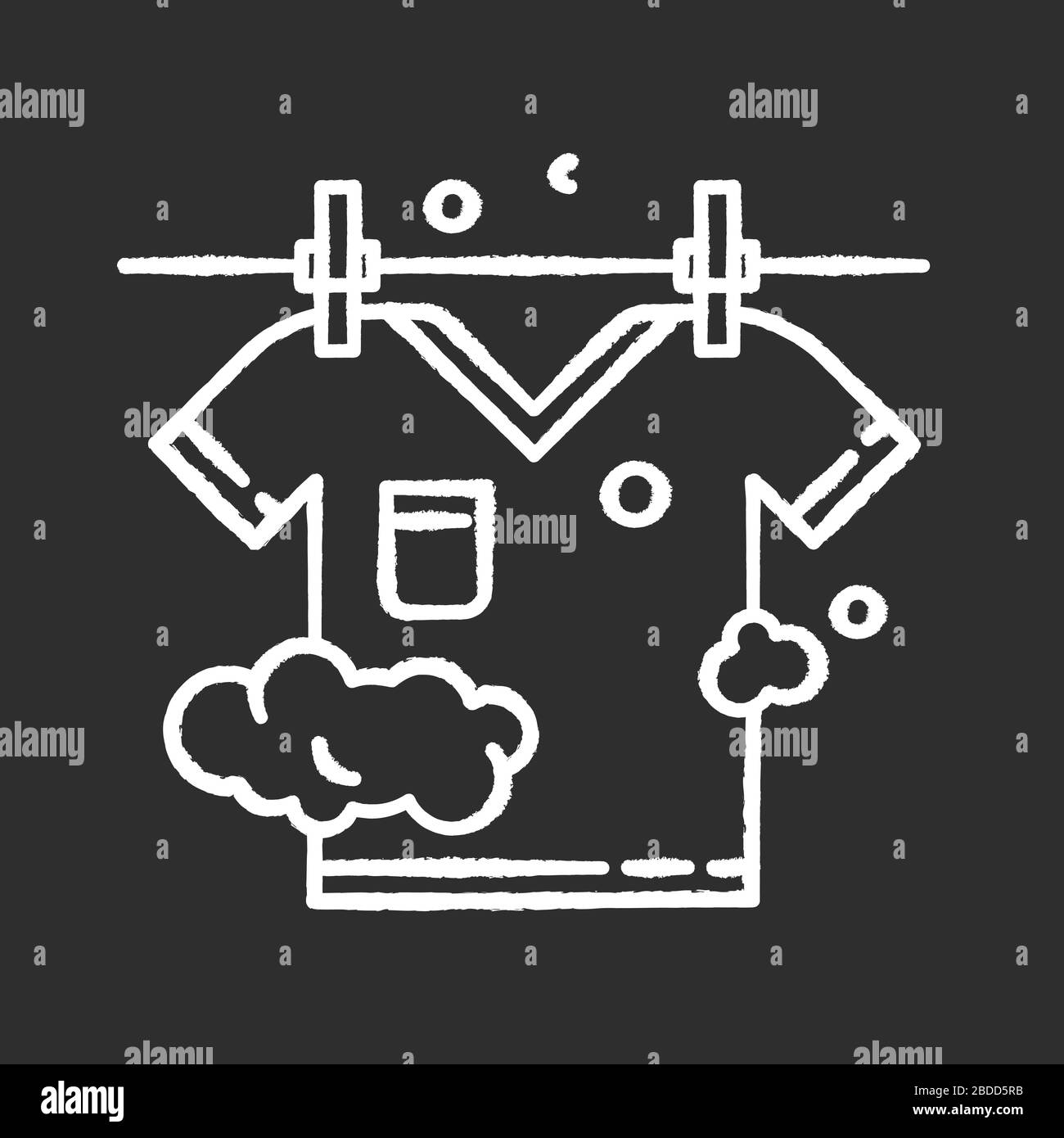 Outdoor drying chalk white icon on black background. Laundry, clothesline, outside clothes drying. T-shirt hanging on rope, clean summer clothing Stock Vector