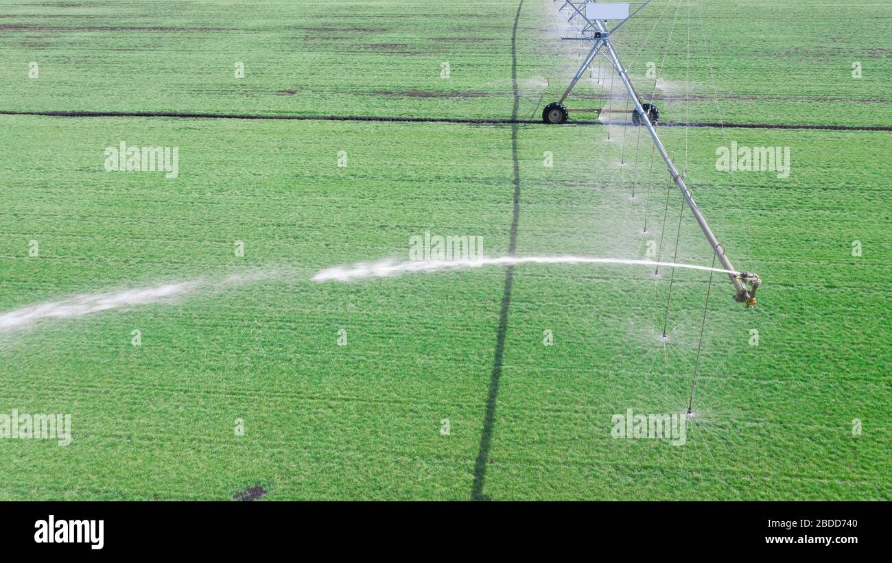 Automated irrigation system on agricultural field. Drone view Stock ...