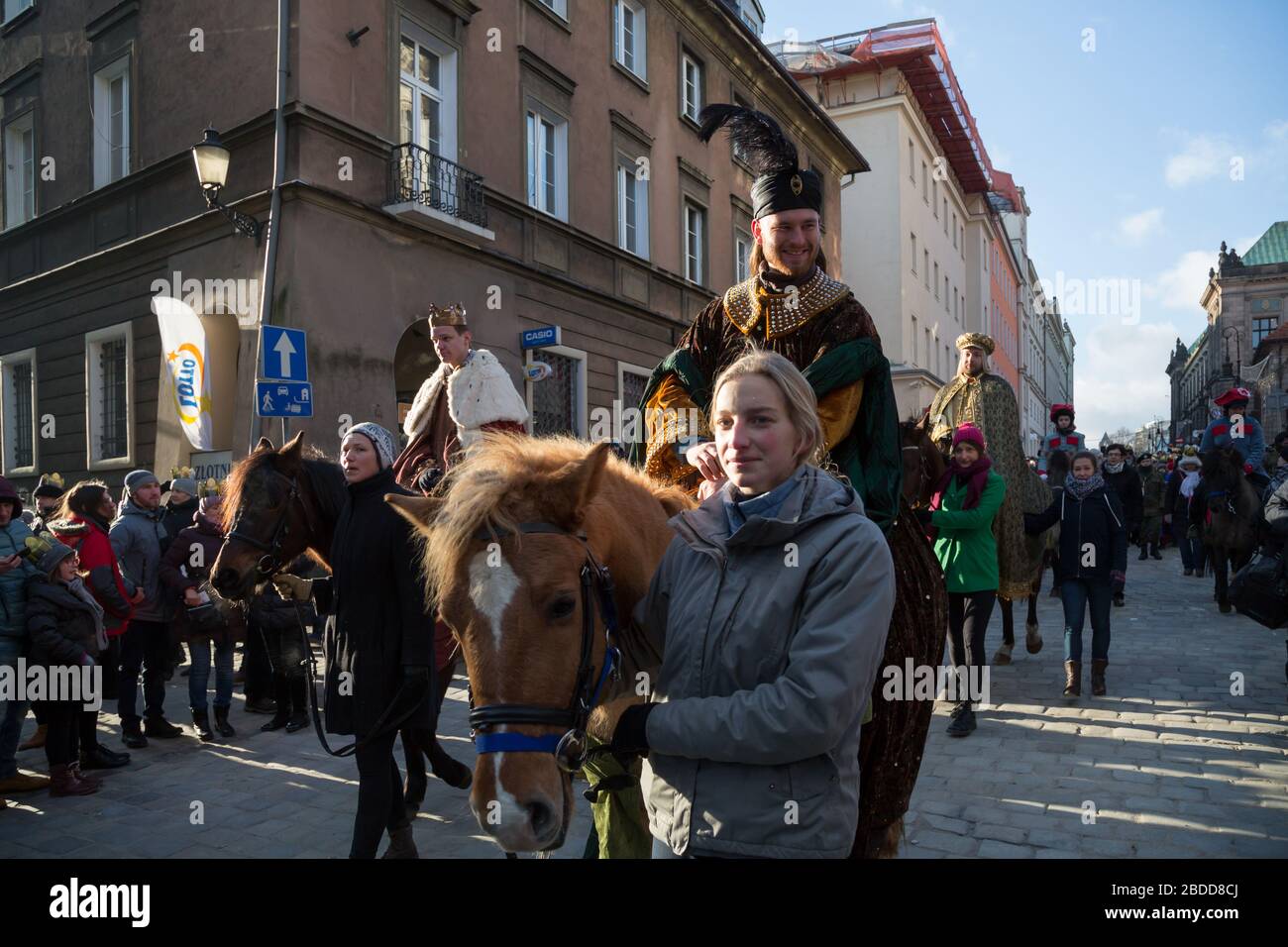 06.01.2017, Poznan, Greater Poland, Poland - Epiphany Day is officially celebrated at the Old Market Square. Amateur actors on horseback mime the Thre Stock Photo