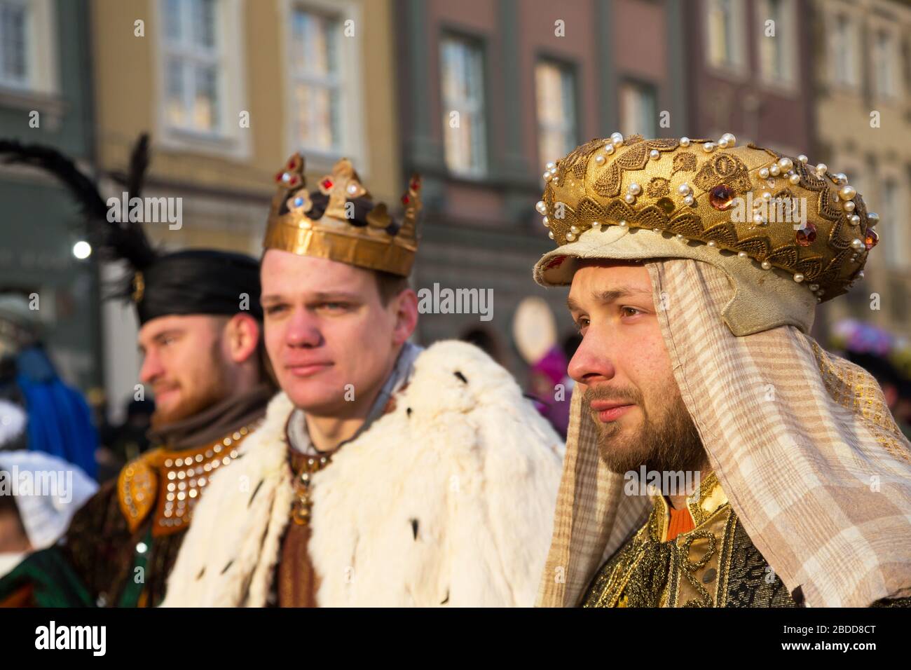 06.01.2017, Poznan, Greater Poland, Poland - Epiphany Day is officially observed in the Old Market Square. Amateur actors playing the role of the Thre Stock Photo