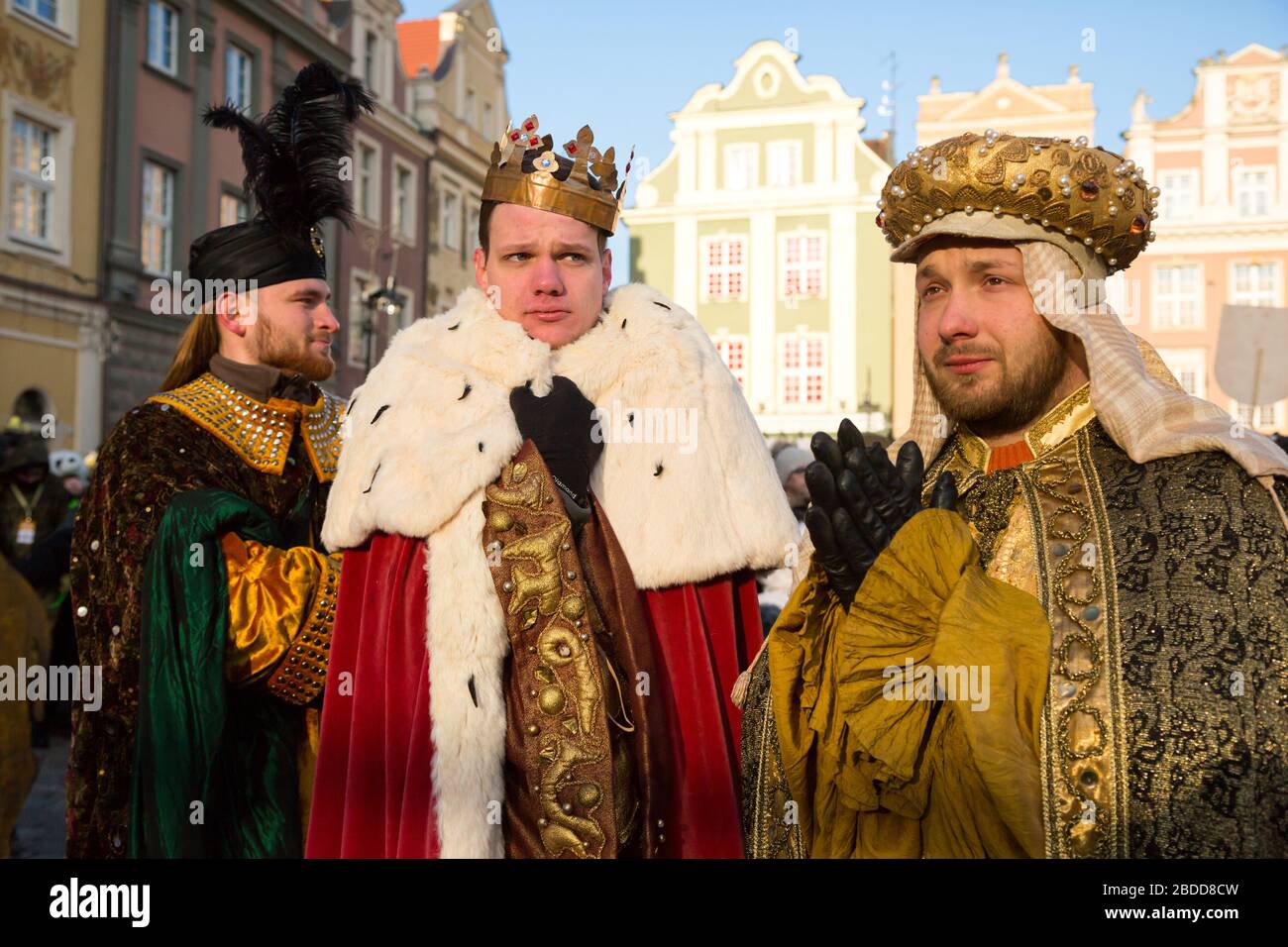 06.01.2017, Poznan, Greater Poland, Poland - Epiphany Day is officially observed in the Old Market Square. Amateur actors playing the role of the Thre Stock Photo