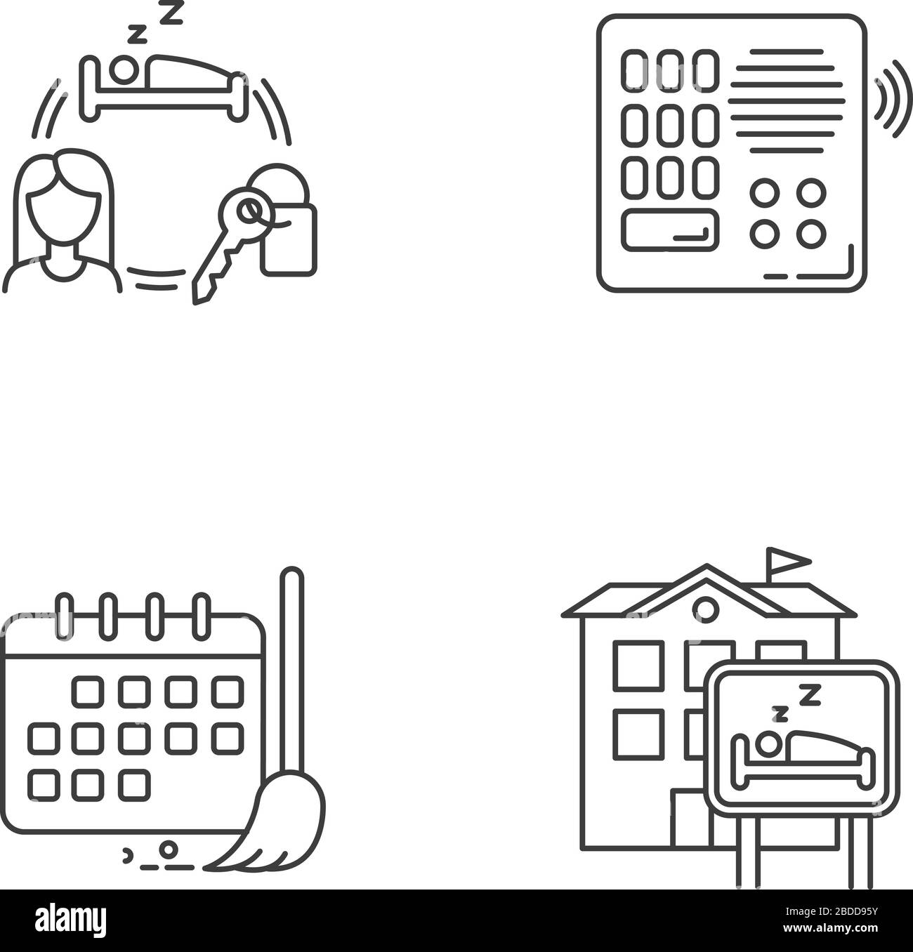 Hostel pixel perfect linear icons set. Renting room for night. Intercom ...