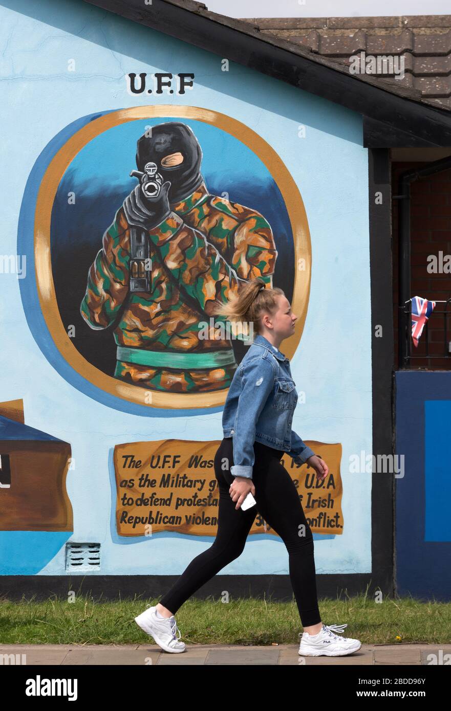15.07.2019, Belfast, Northern Ireland, Great Britain - Militant political mural of the UFF (banned 1973), Newtownards Road, Protestant East Belfast. T Stock Photo