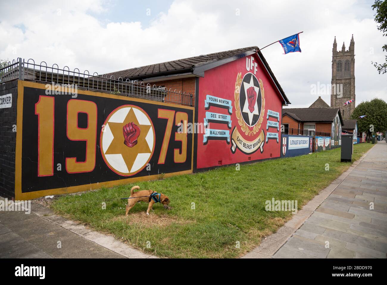 15.07.2019, Belfast, Northern Ireland, Great Britain - Militant political mural of the UFF (ban 1973), Newtownards Road, Protestant East Belfast. The Stock Photo