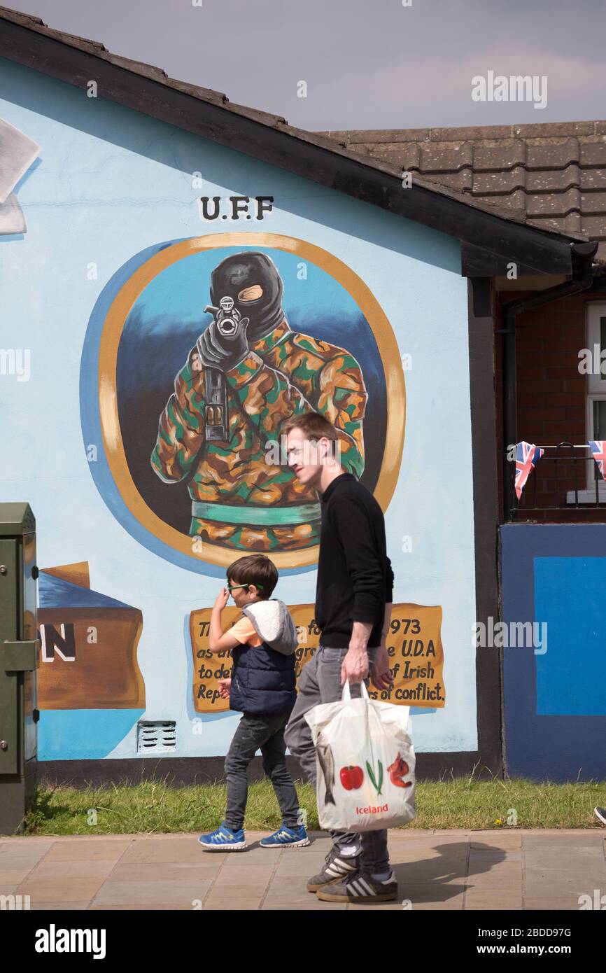15.07.2019, Belfast, Northern Ireland, Great Britain - Militant political mural of the UFF (banned 1973), Newtownards Road, Protestant East Belfast. T Stock Photo