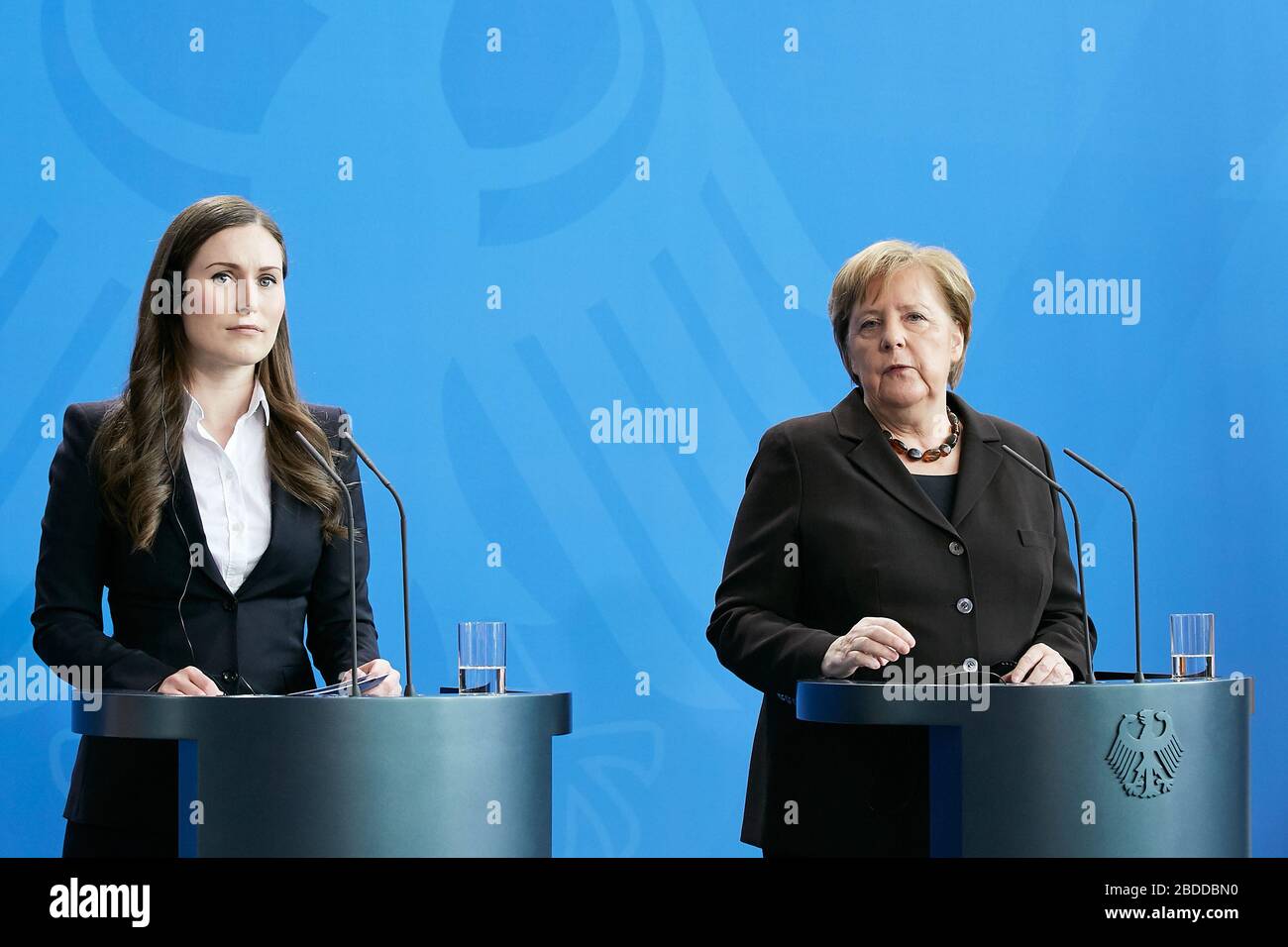 19.02.2020, Berlin, Berlin, Germany - Sanna Marin, Prime Minister of the Republic of Finland and Chancellor Angela Merkel at the joint press conferenc Stock Photo