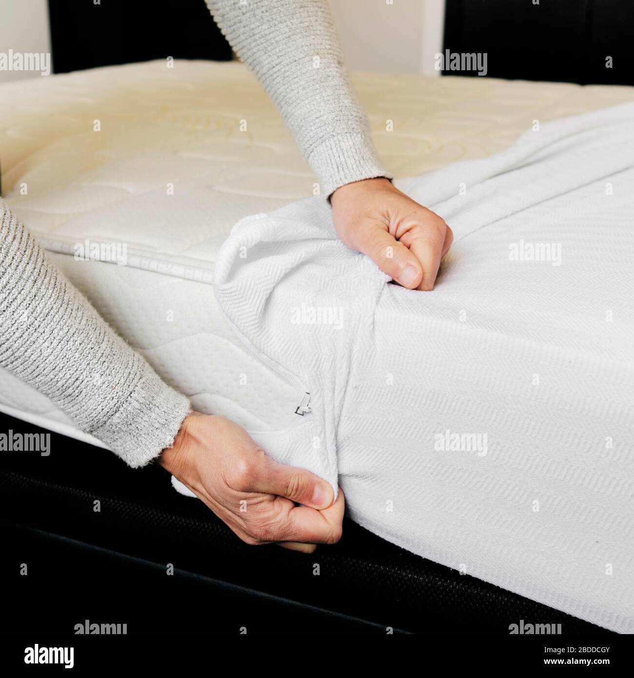 closeup of a young caucasian man covering a mattress with a white mattress protector Stock Photo