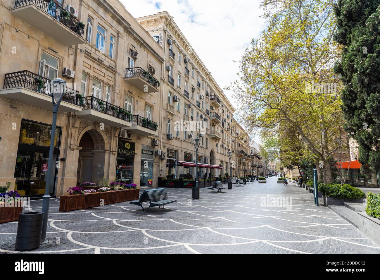 Baku, Azerbaijan – April 8, 2020. Deserted Nizami street in Baku in the wake of quarantine measures imposed to prevent proliferation of coronavirus CO Stock Photo