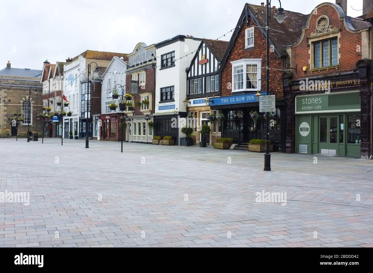 Empty Salisbury Market Place on Market Day due to the Covid 19 pandemic scare. April 7th 2020. UK Stock Photo