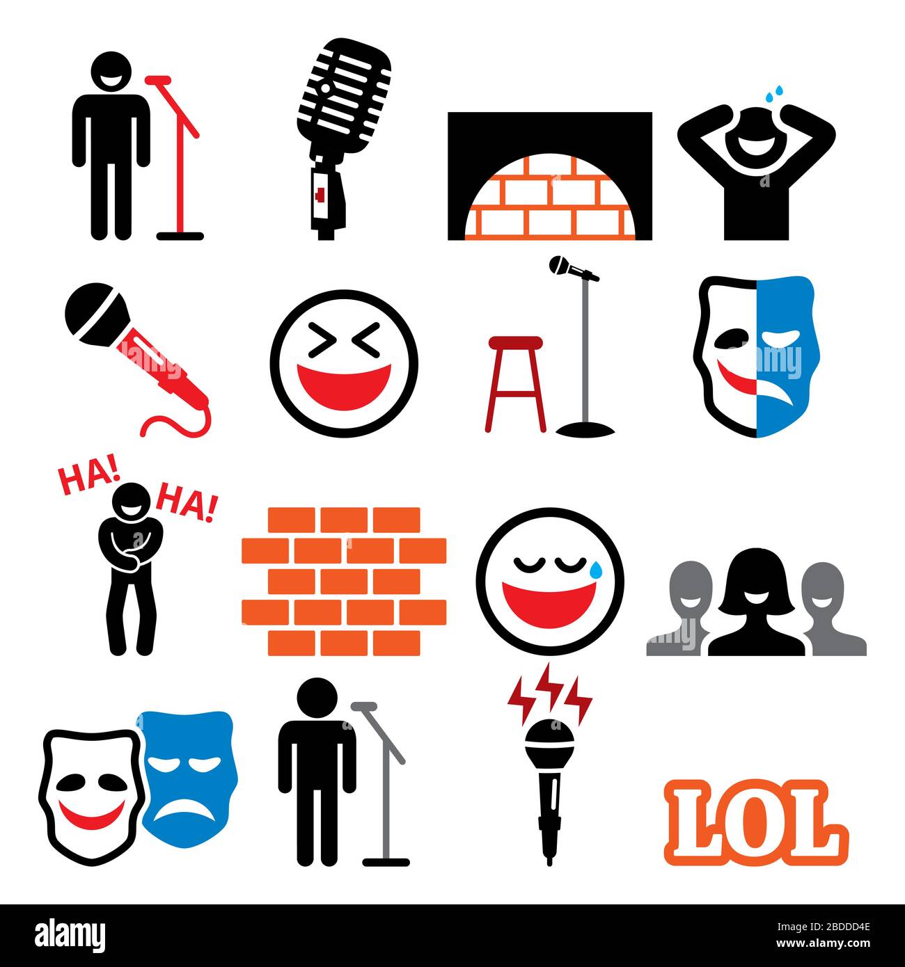 Stand up comedy, entertainment, comedians and people laughing vector icons set Stock Vector