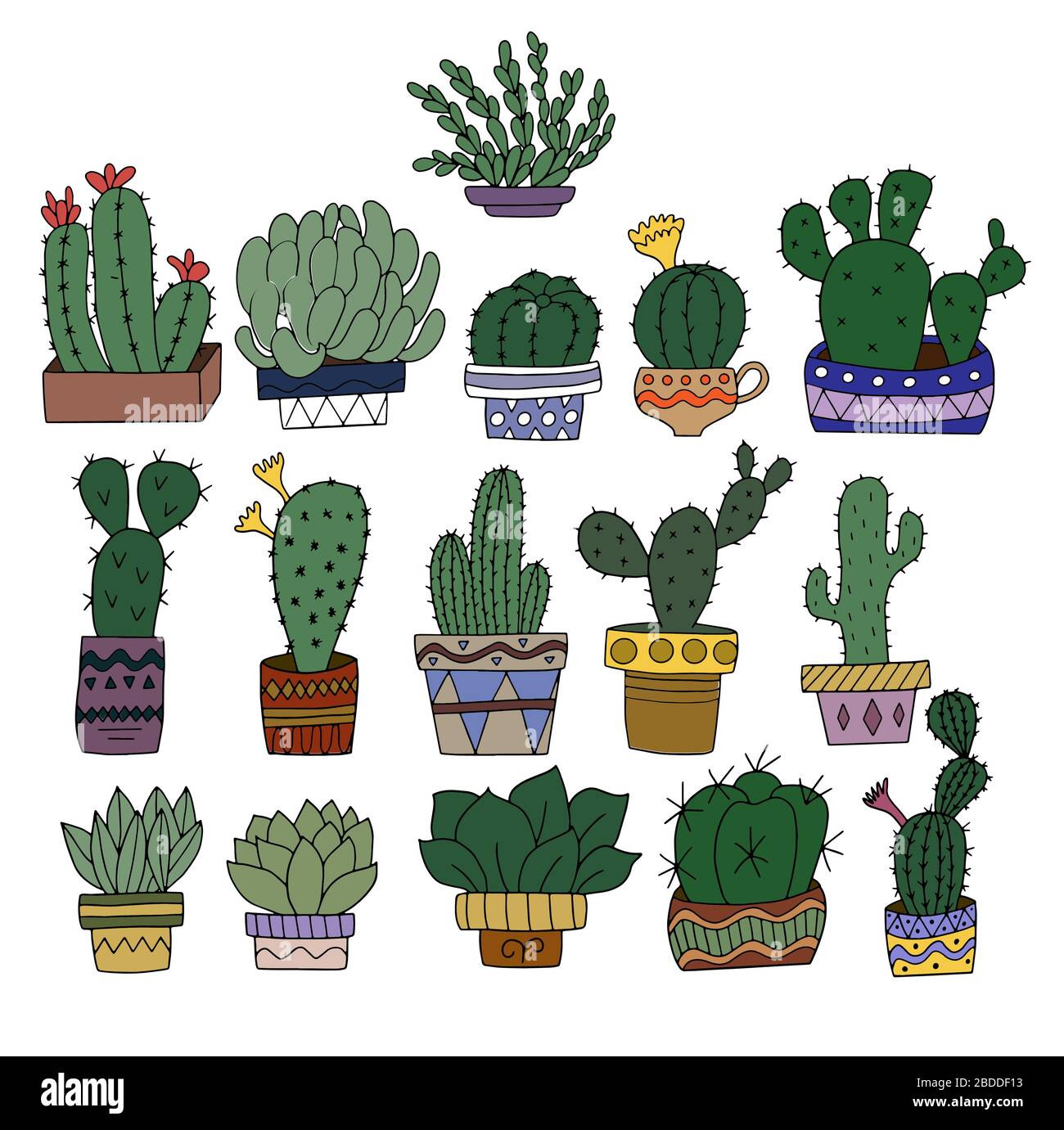 A set cacti in painted flower pots. Vector graphics for the design of botanical magazines and illustrations Stock Vector