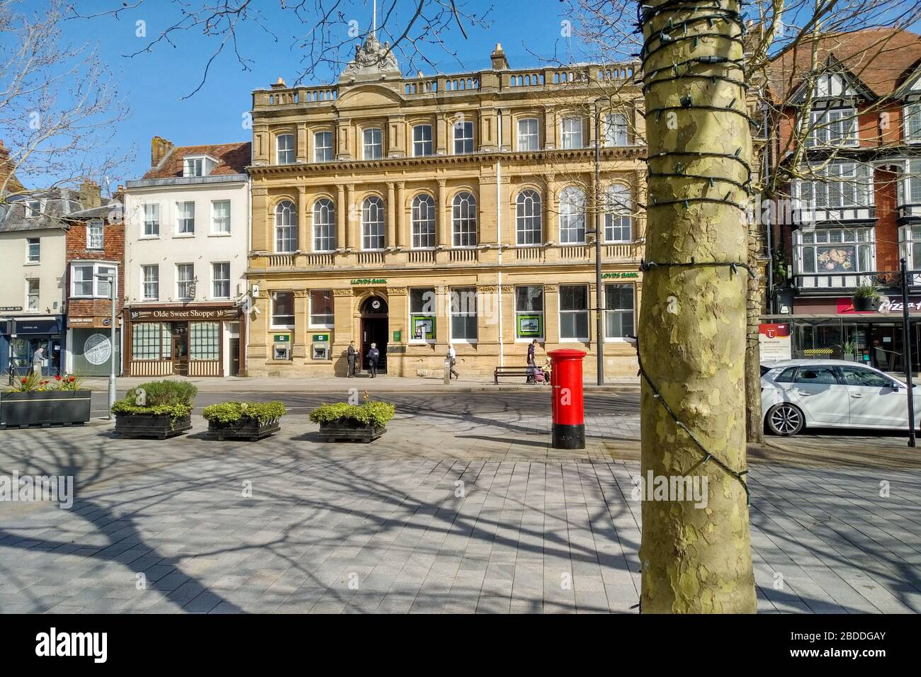 Lloyds bank opposite Salisbury market place on market day in April 2020. Empty scene at 1030 am due to Covid-19. UK Stock Photo