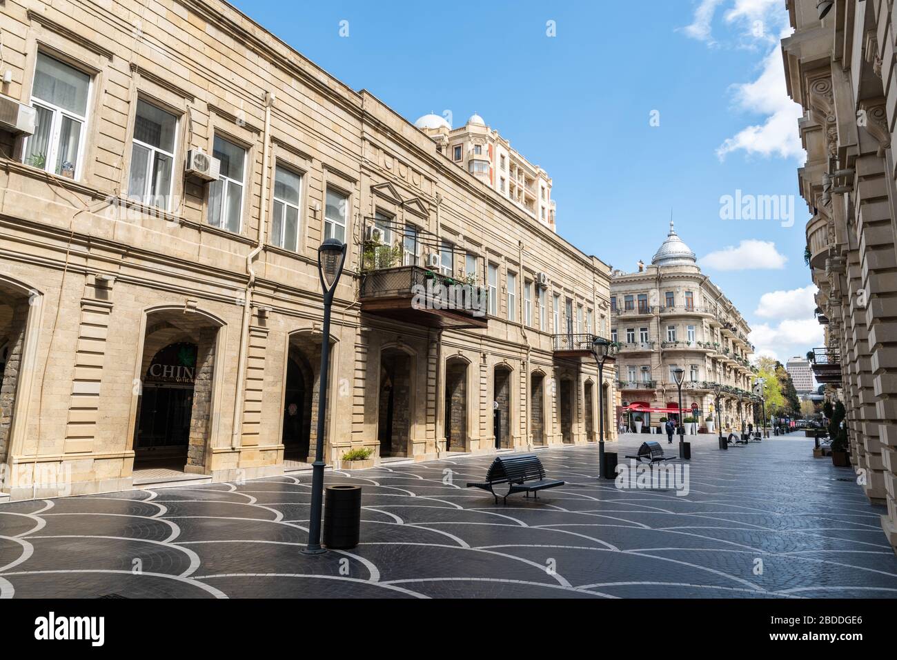 Baku, Azerbaijan – April 8, 2020. Deserted Nizami street in Baku in the wake of quarantine measures imposed to prevent proliferation of coronavirus CO Stock Photo