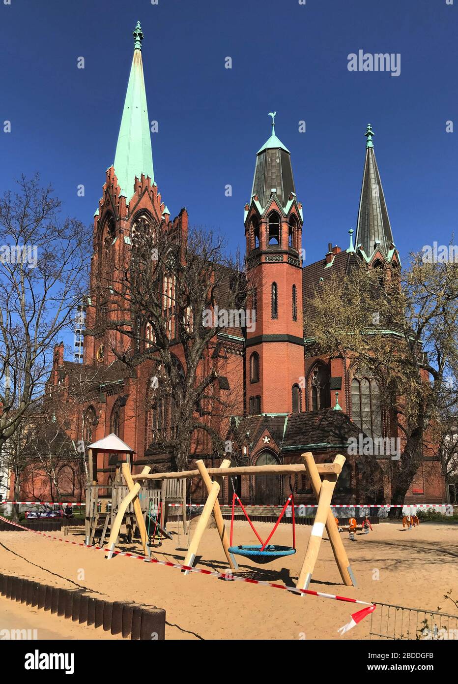 23.03.2020, Berlin, , Germany - Children's playground at the Apostel-Paulus-Kirche is closed. 00S200323D201CAROEX.JPG [MODEL RELEASE: NO, PROPERTY REL Stock Photo