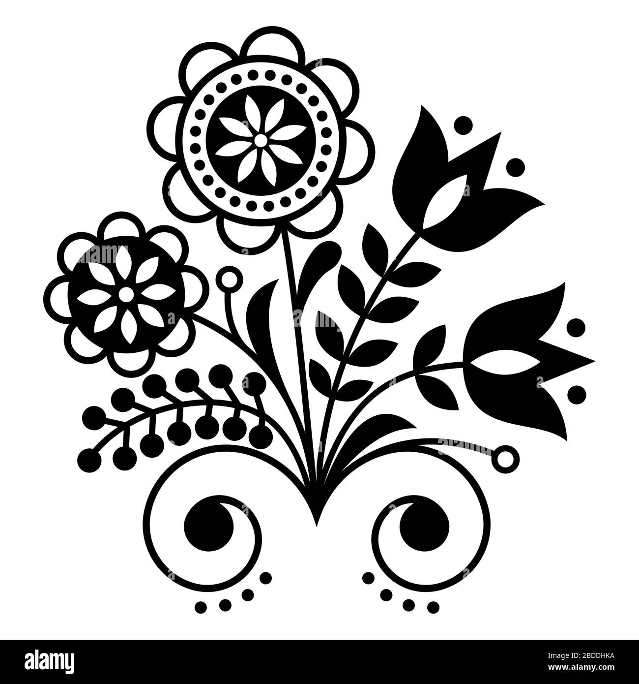 Scandinavian folk art ornament with flowers, Nordic floral design, retro background in black and white Stock Vector