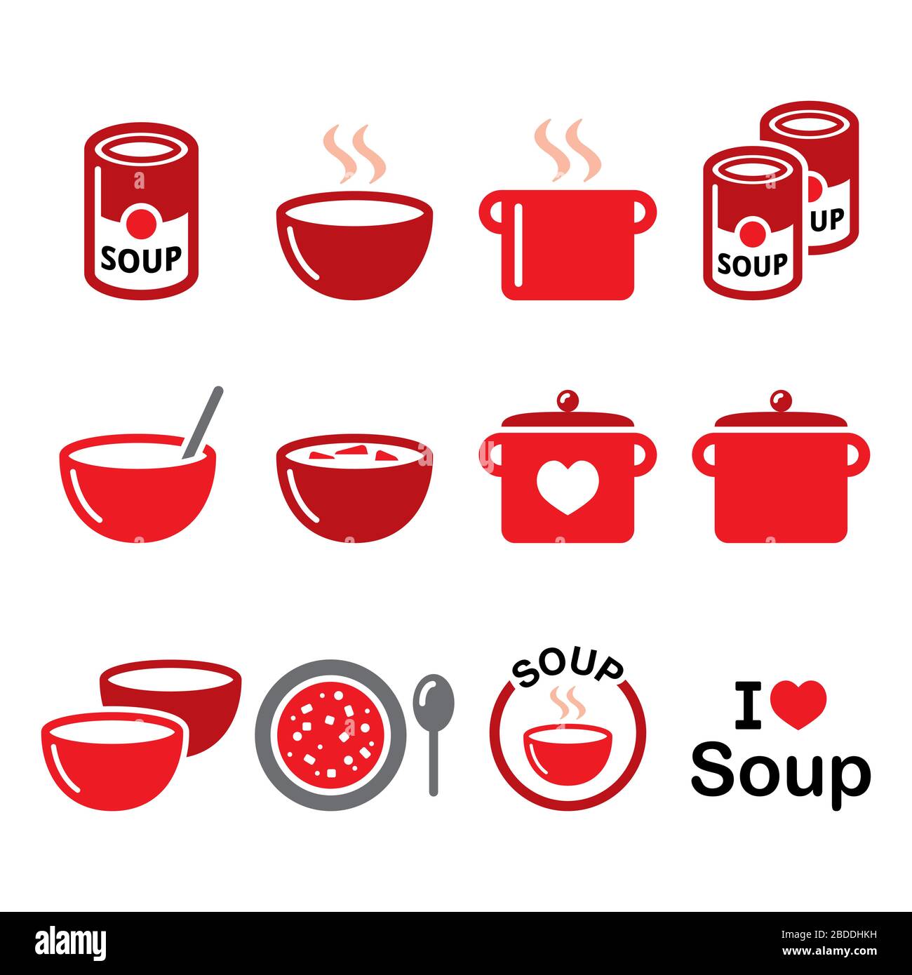Soup in bowl, can and pot - food vector icon set, cooking, restaurant design Stock Vector