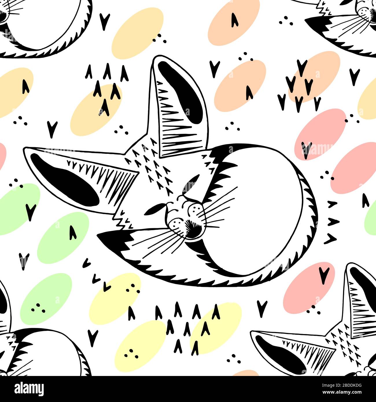 Fennec fox. Linear illustration. Cute kids cartoon style. Seamless pattern. Stock Vector