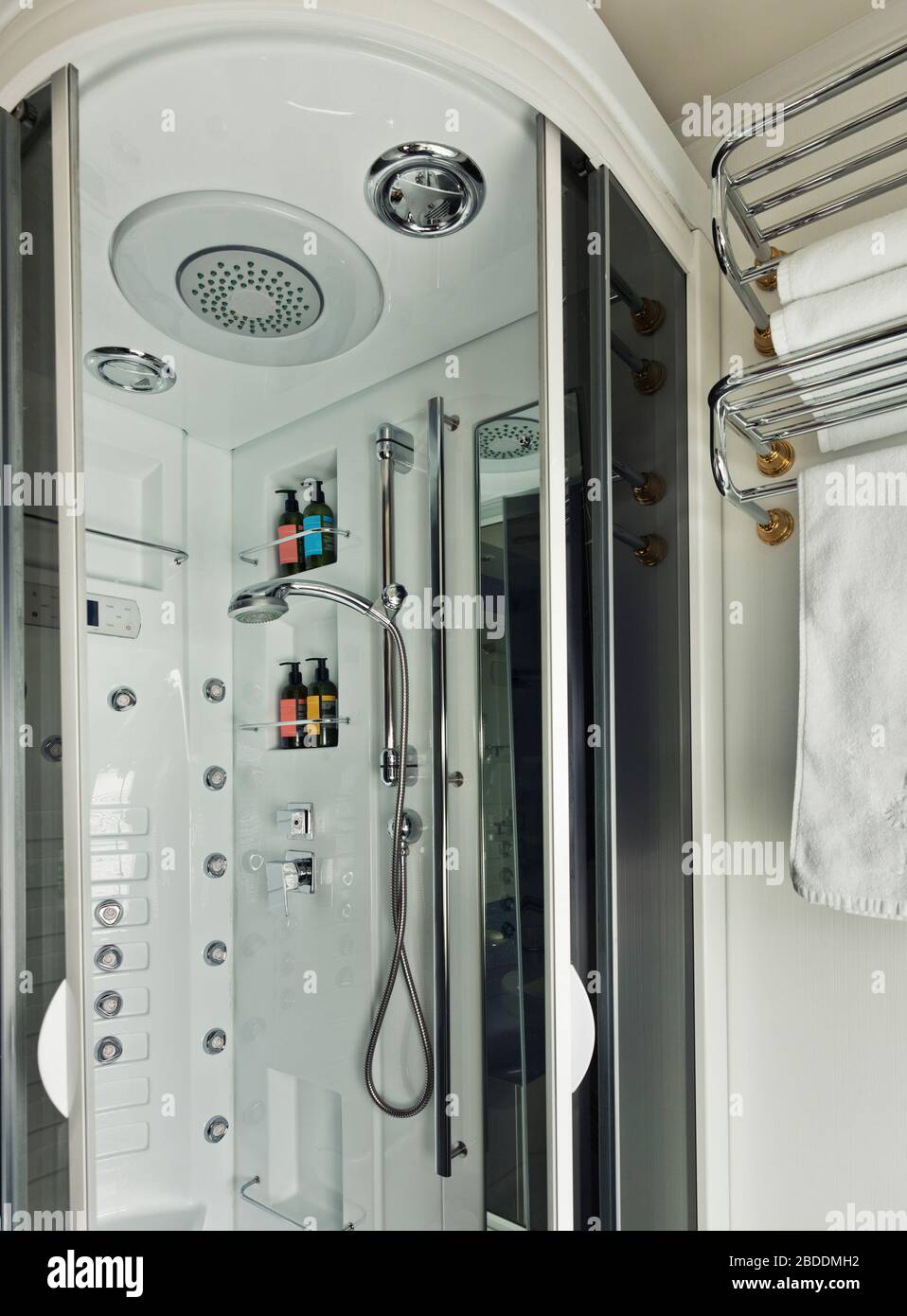 shower cabin on the train; luxury TransSiberian Express Stock Photo