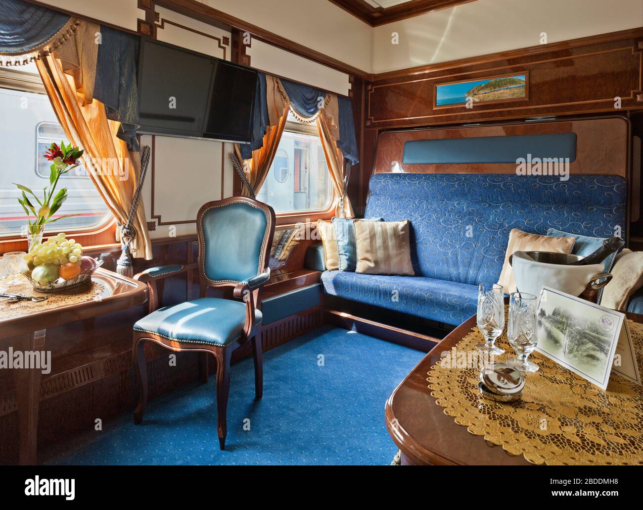 luxury compartment on a tourist train; Trans-Siberian Express; first class compartment; Russian railway; Stock Photo
