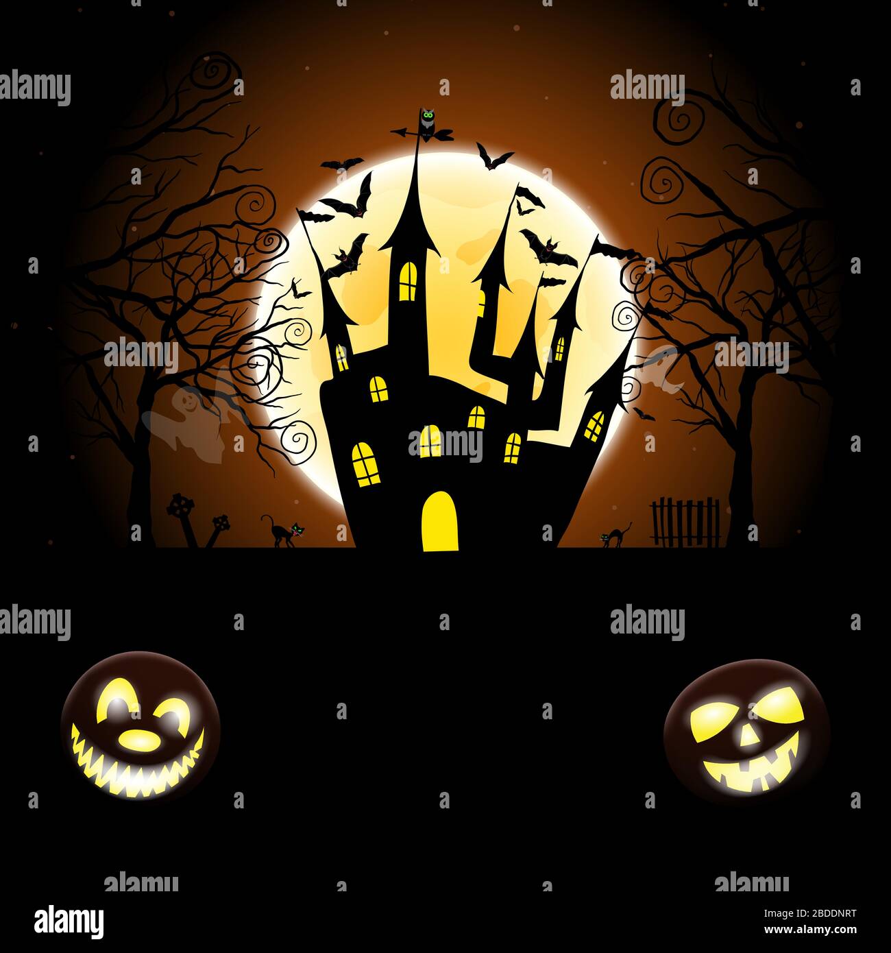 Happy Halloween Greeting Card. Elegant Design With Pumpkin, Moon, Tree, Grave, Castle, Spooky and Cats   Over Grunge Dark Blue Starry Sky Background. Stock Vector