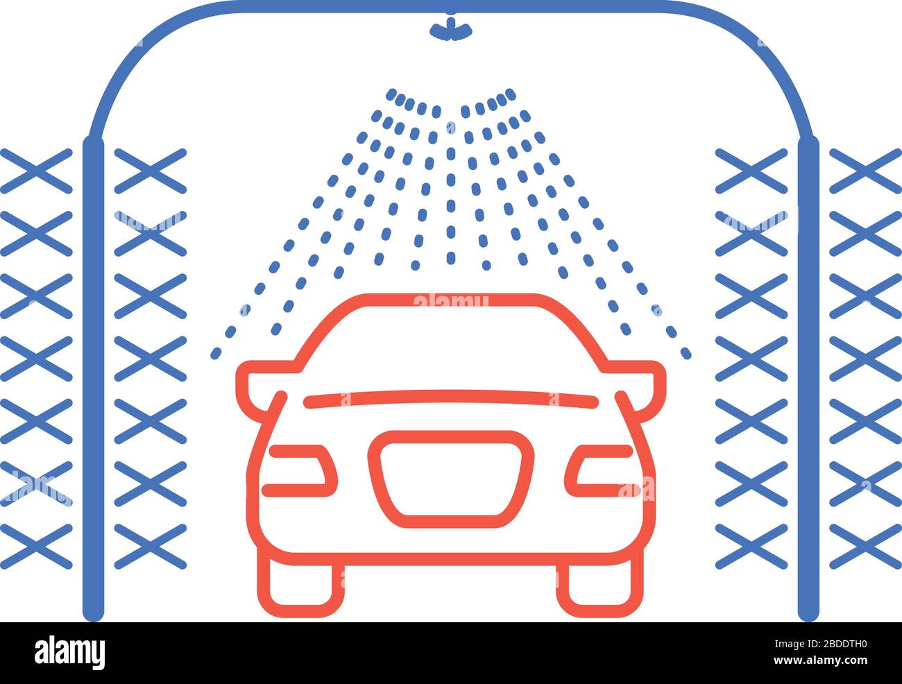 Automatic car wash icon, car, sprinkler and cylindrical brushes front view Stock Vector
