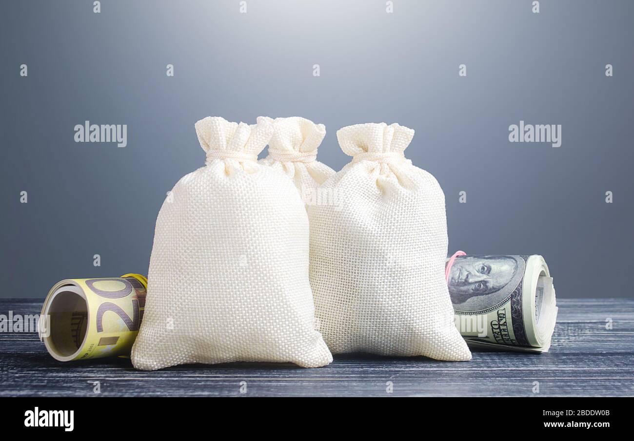 Clear money bags. Capital investment, savings. Economics, lending business. Profit income, dividends. Crowdfunding startups investing. Reserve currenc Stock Photo