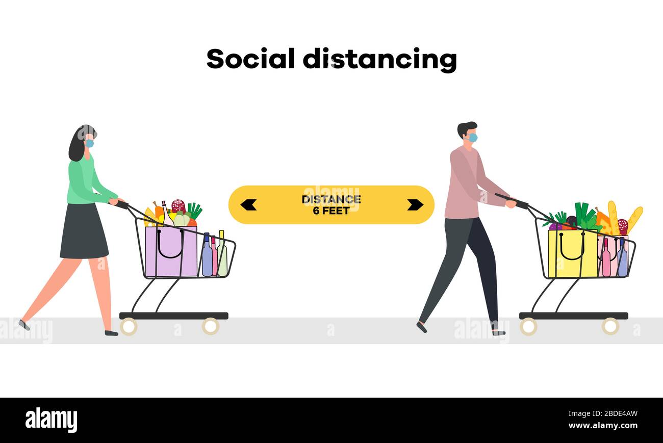 Vector illustration Social distancing. Chinese coronavirus COVID-19 People in protective masks with food shopping carts keep distance Pandemic Reducin Stock Vector