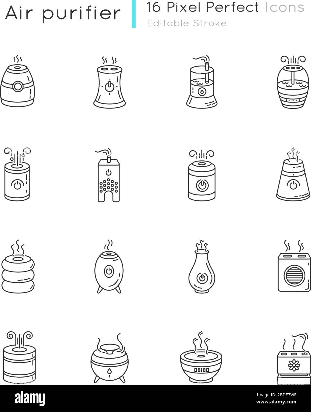 Air purifiers, humidifiers, ionizers pixel perfect linear icons set ...