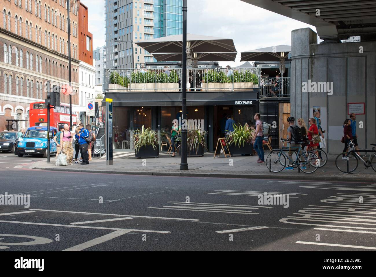 Shipping Containers Shopping Mall Glass Boxpark, 2-10 Bethnal Green Road, Shoreditch, London, E1 6GY by Waugh Thistleton Architects Stock Photo