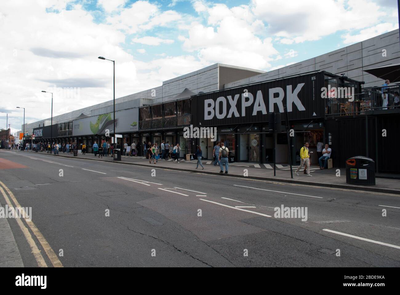 Shipping Containers Shopping Mall Glass Boxpark, 2-10 Bethnal Green Road, Shoreditch, London, E1 6GY by Waugh Thistleton Architects Stock Photo