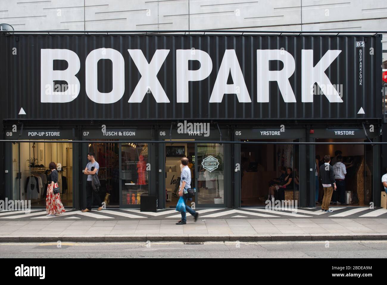 Shipping Containers Shopping Mall Glass Boxpark, 2-10 Bethnal Green Road, Shoreditch, London, E1 6GY by Waugh Thistleton Architects Stock Photo