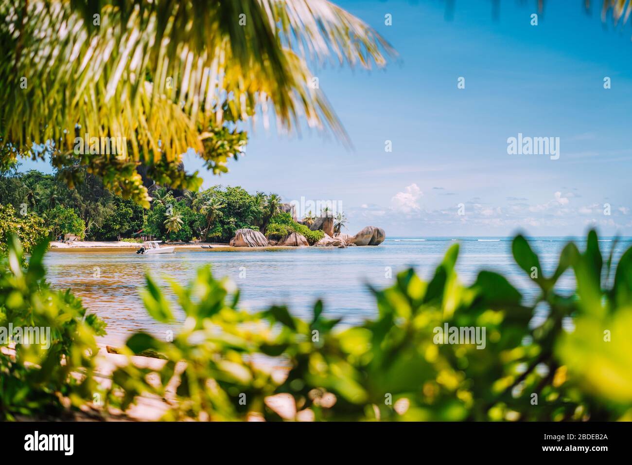La digue rocky beaches on Seychelles islands. Summer season vacation in exotic location Stock Photo