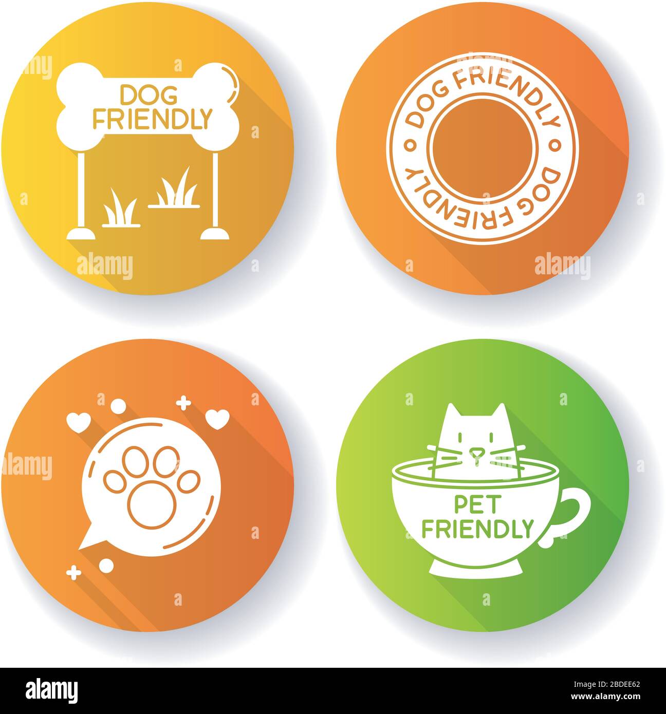 Cat and dog friendly areas emblems flat design long shadow glyph icons set. Four-legged friends allowed territories signs. Kitty and doggy welcome Stock Vector