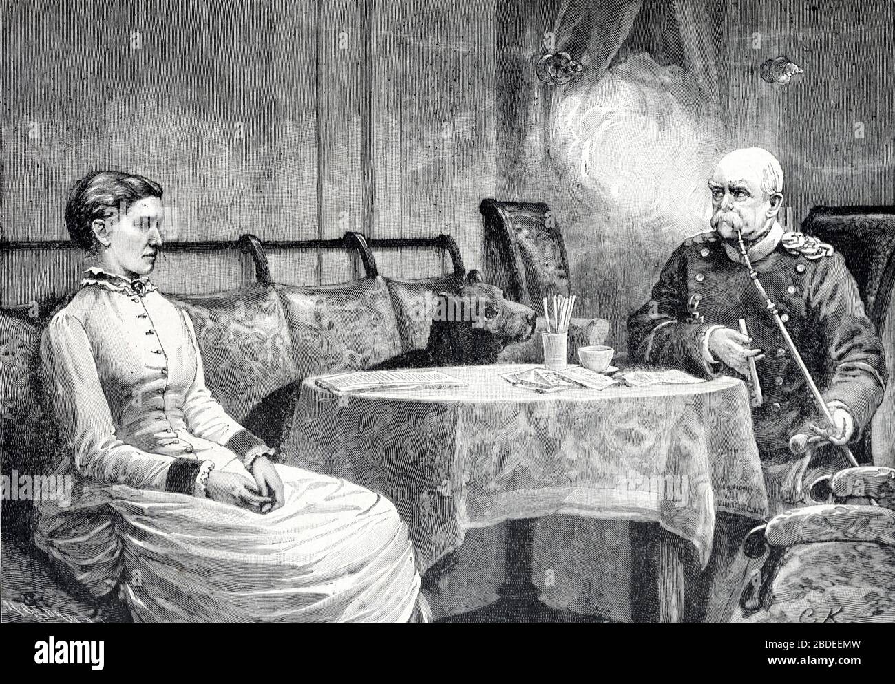 Otto von Bismarck or Prince of Bismarck (1815-1896) & Johanna von Puttkamer, Princess of Bismarck (1824-94) At Home in Germany. Vintage or Old Illustration or Engraving 1887 Stock Photo