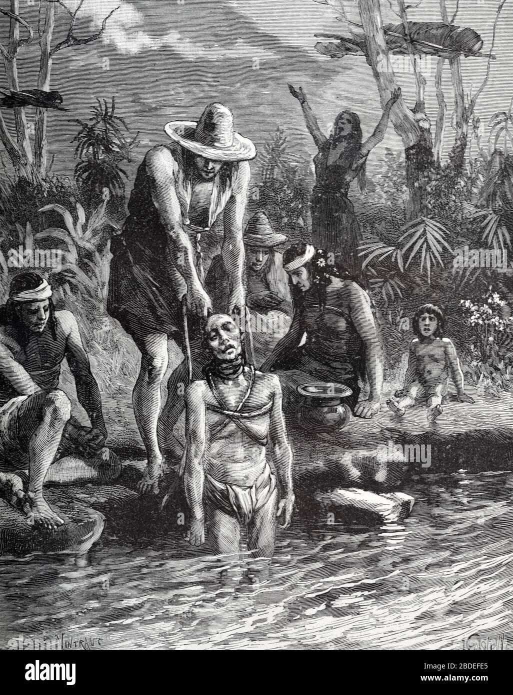 Death Ritual as Corpse is Dipped in River where the Flesh is Eaten by Predatory Fish or Piranhas before the Deceased is Given a Sky Burial in a Burial Tree among the Caribs, Kalina, Amerindians or Indigenous People of Venezuela. Vintage or Old Illustration or Engraving 1887 Stock Photo