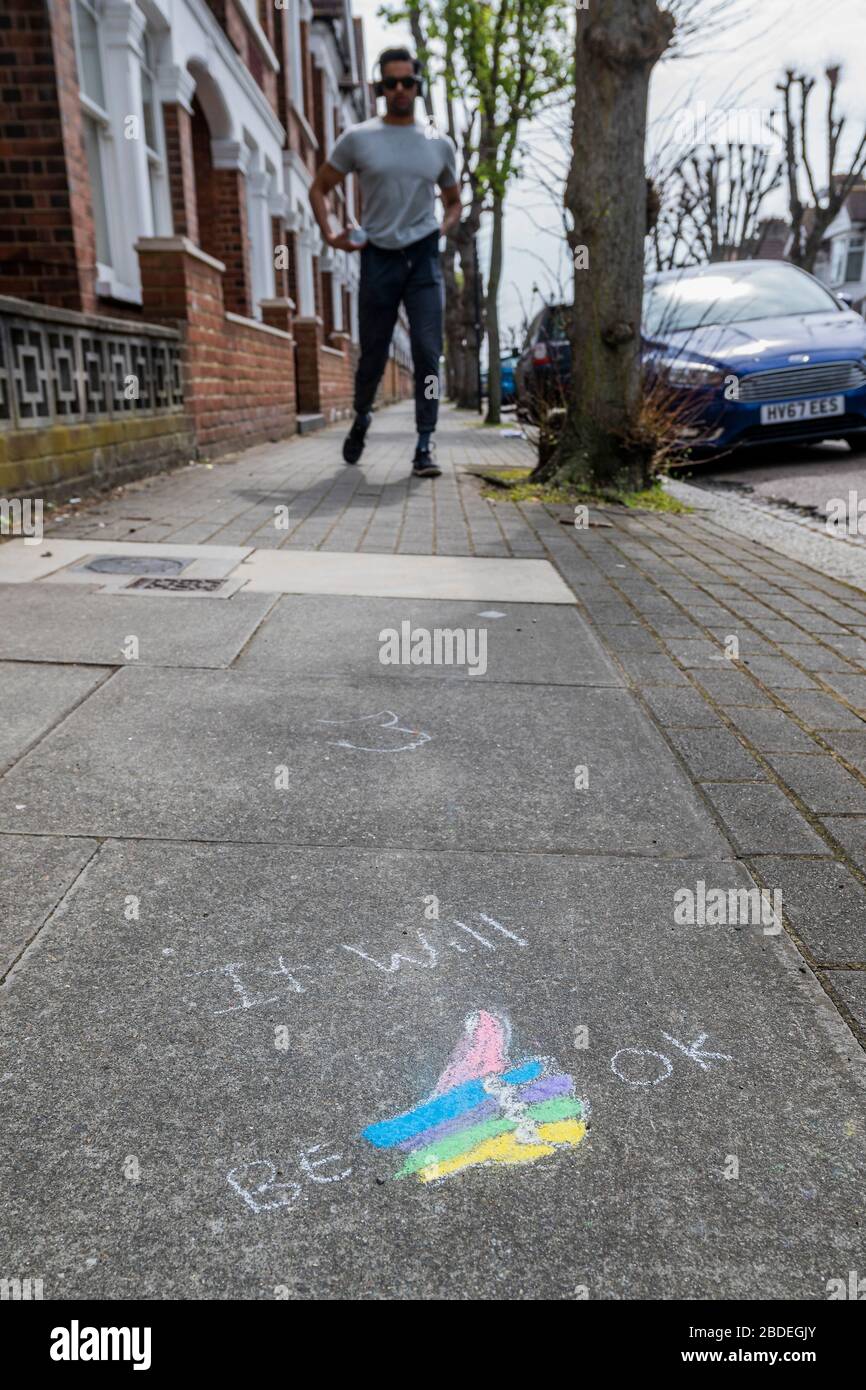 London, UK. 08th Apr, 2020. It will be ok. Anonymous chalk message of hope drawn on a street in Clapham, SW London.The 'lockdown' continues for the Coronavirus (Covid 19) outbreak in London. Credit: Guy Bell/Alamy Live News Stock Photo