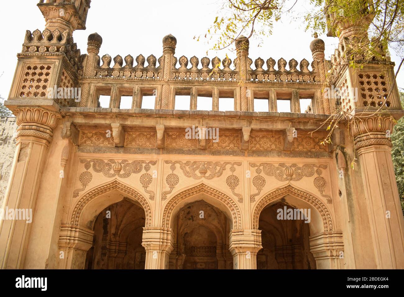 Minaret at old Mosque at the tombs of the seven Qutub Shahi rulers in the Ibrahim Bagh India Stock Photo