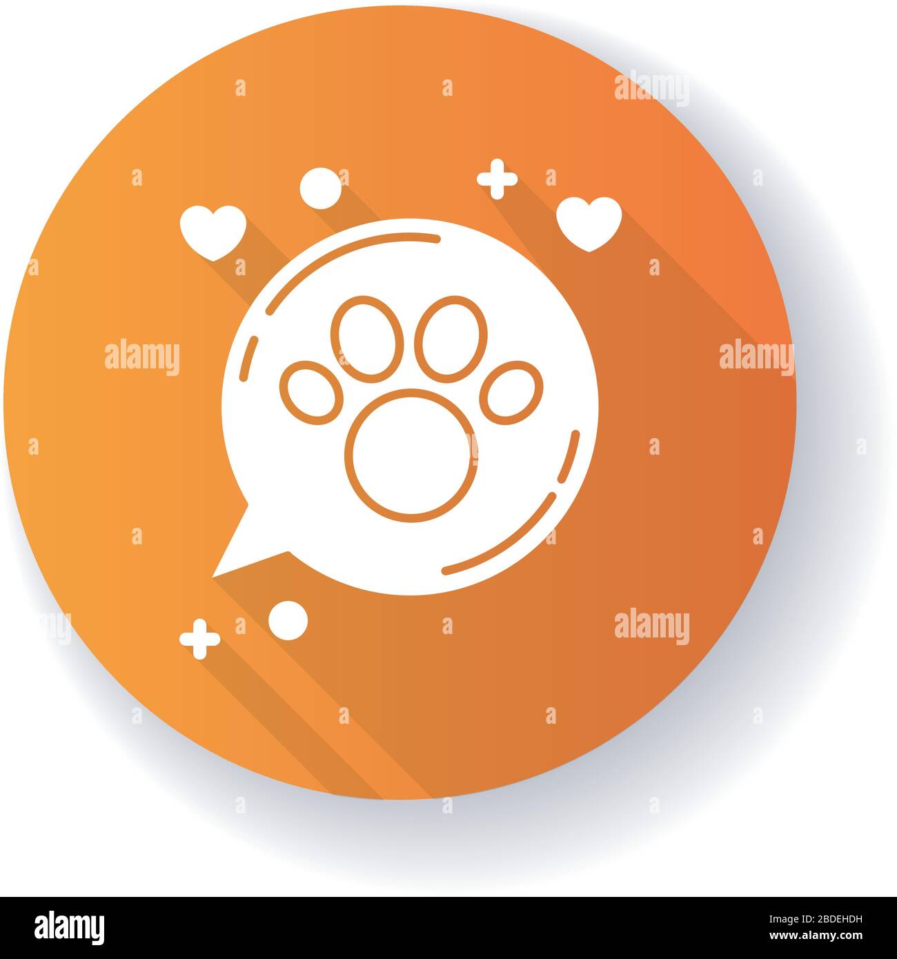 Domestic animals friendly areas orange flat design long shadow glyph icon. Doggy and kitty welcome, pets allowed zone, paw print in speech bubble Stock Vector