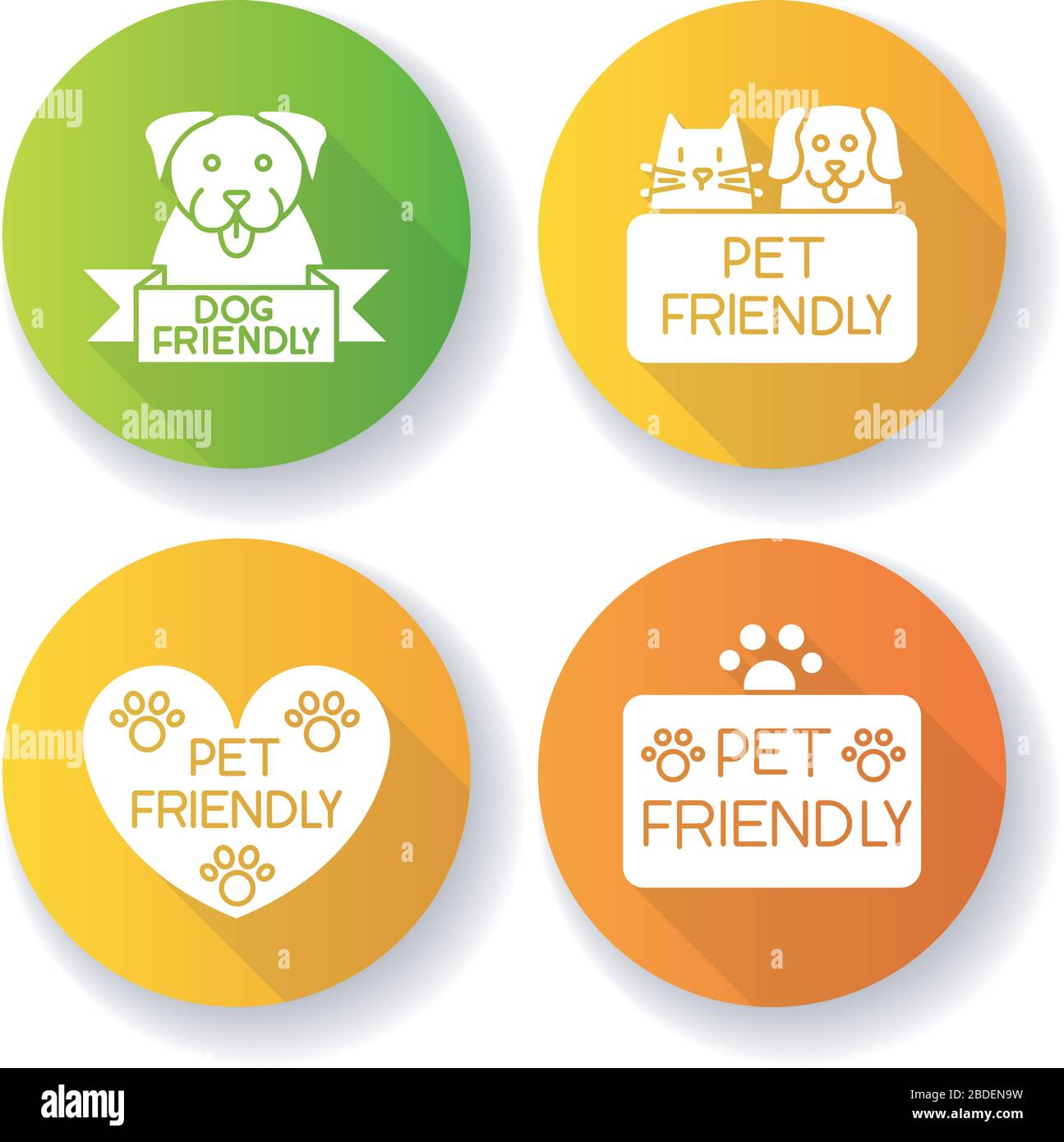 Pet friendly service flat design long shadow glyph icons set. Four-legged friends grooming salon. Domestic animals care, cats and dogs allowed areas Stock Vector