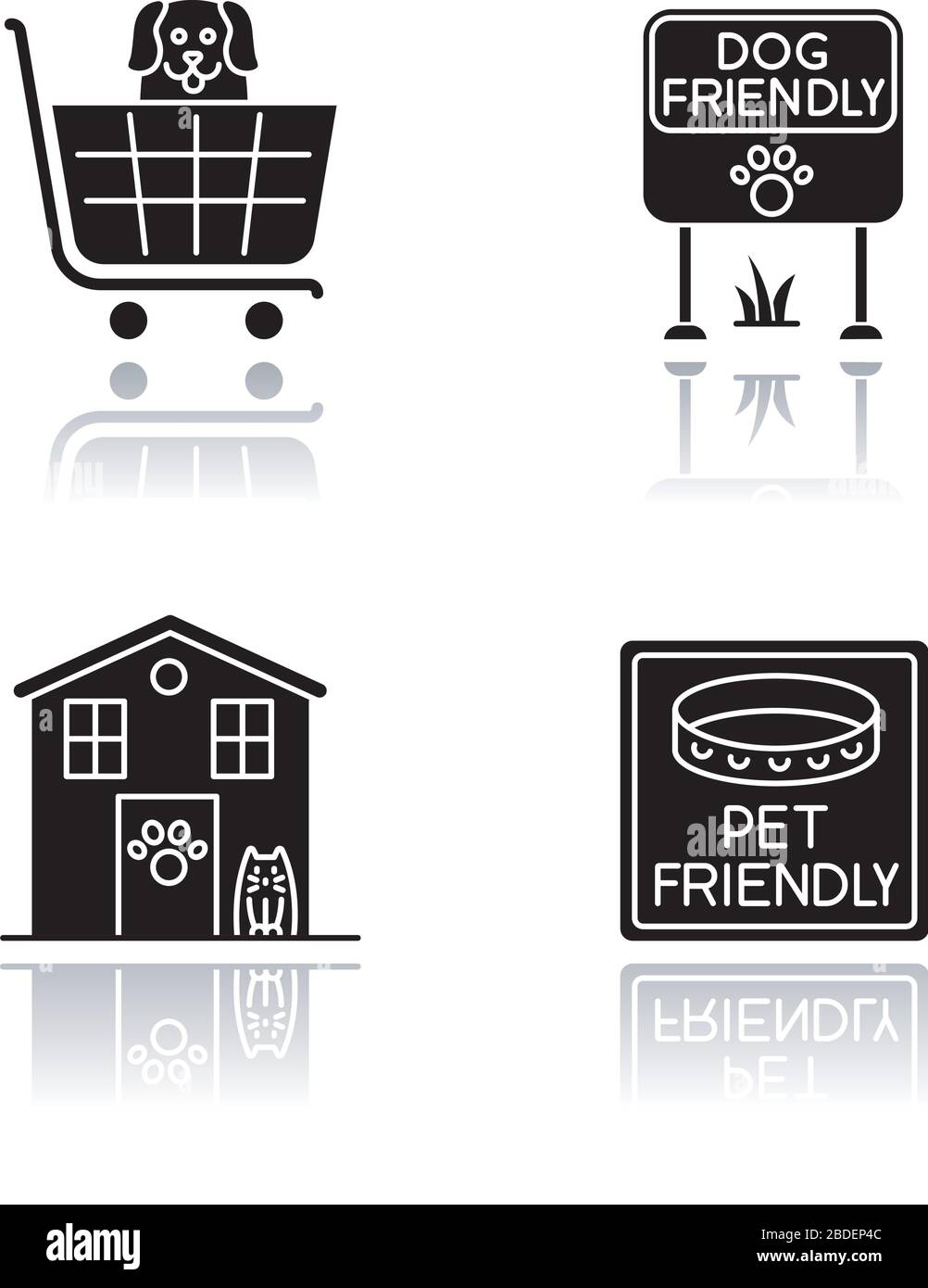Pet friendly areas drop shadow black glyph icons set. Four-legged friends welcome shops and houses. Domestic animals allowed parks and supermarkets Stock Vector