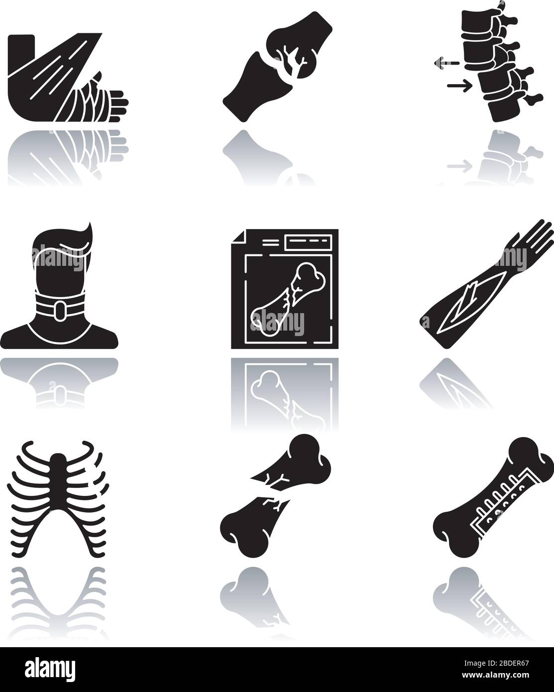 Body injuries drop shadow black glyph icons set. Bone and joint fractures. Broken neck. Cervical collar. Arm in bandage. Medical condition. Treatment Stock Vector