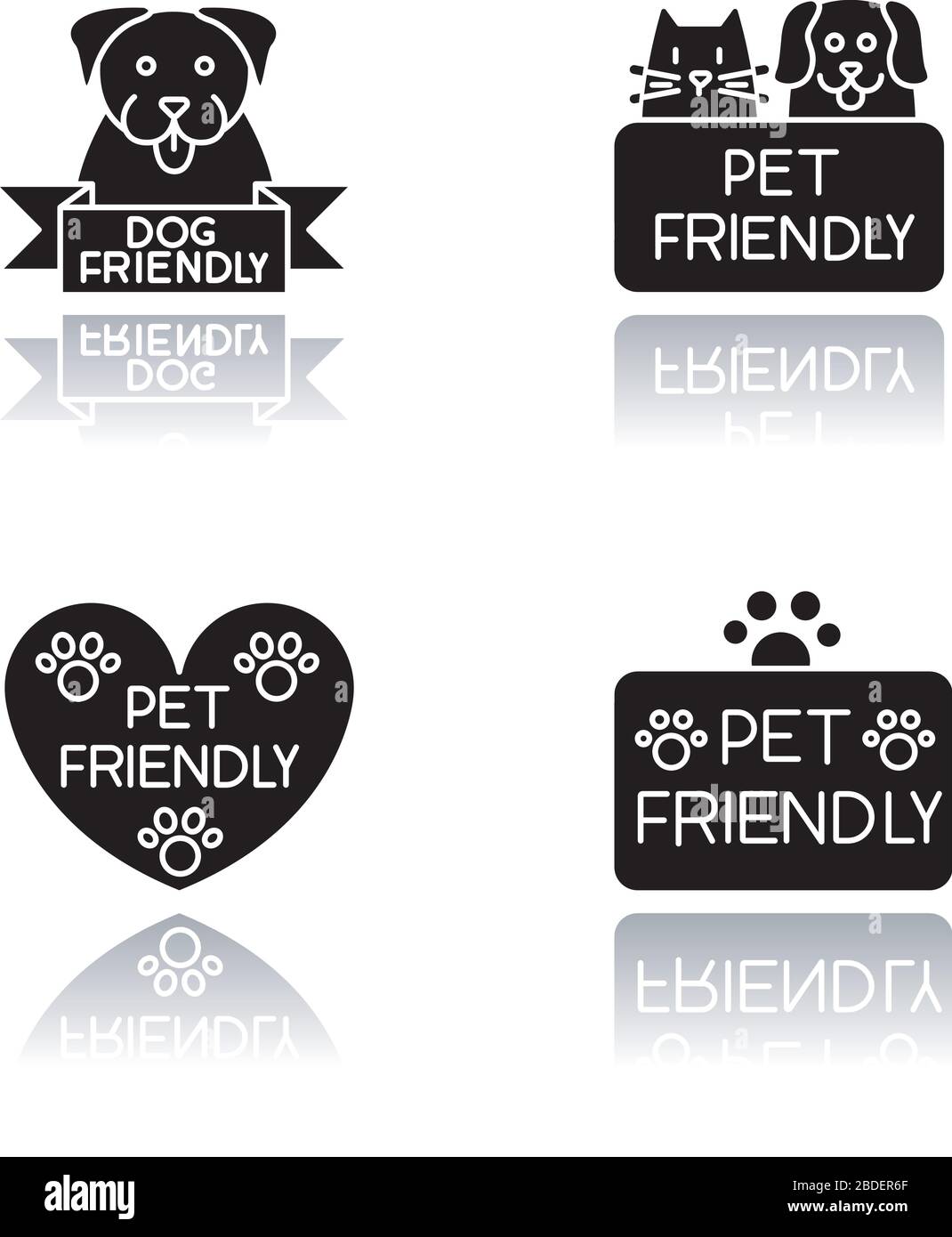 Pet friendly service drop shadow black glyph icons set. Four-legged friends grooming salon. Domestic animals care, cats and dogs allowed areas Stock Vector