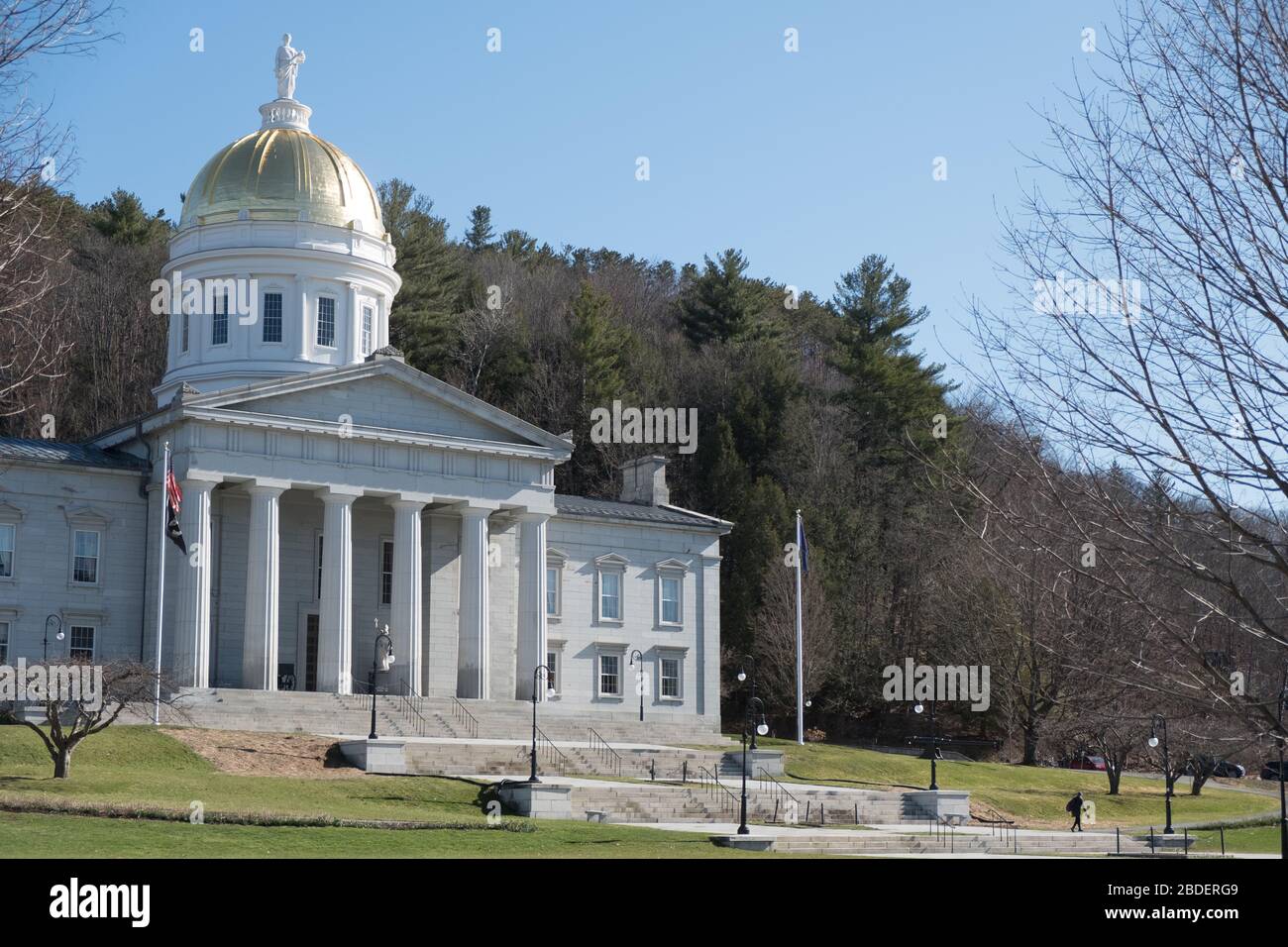 Vermont State House, Montpelier, VT, USA, capital of Vermont, during stay-at-home order sees deserted streets and social distancing downtown. Stock Photo
